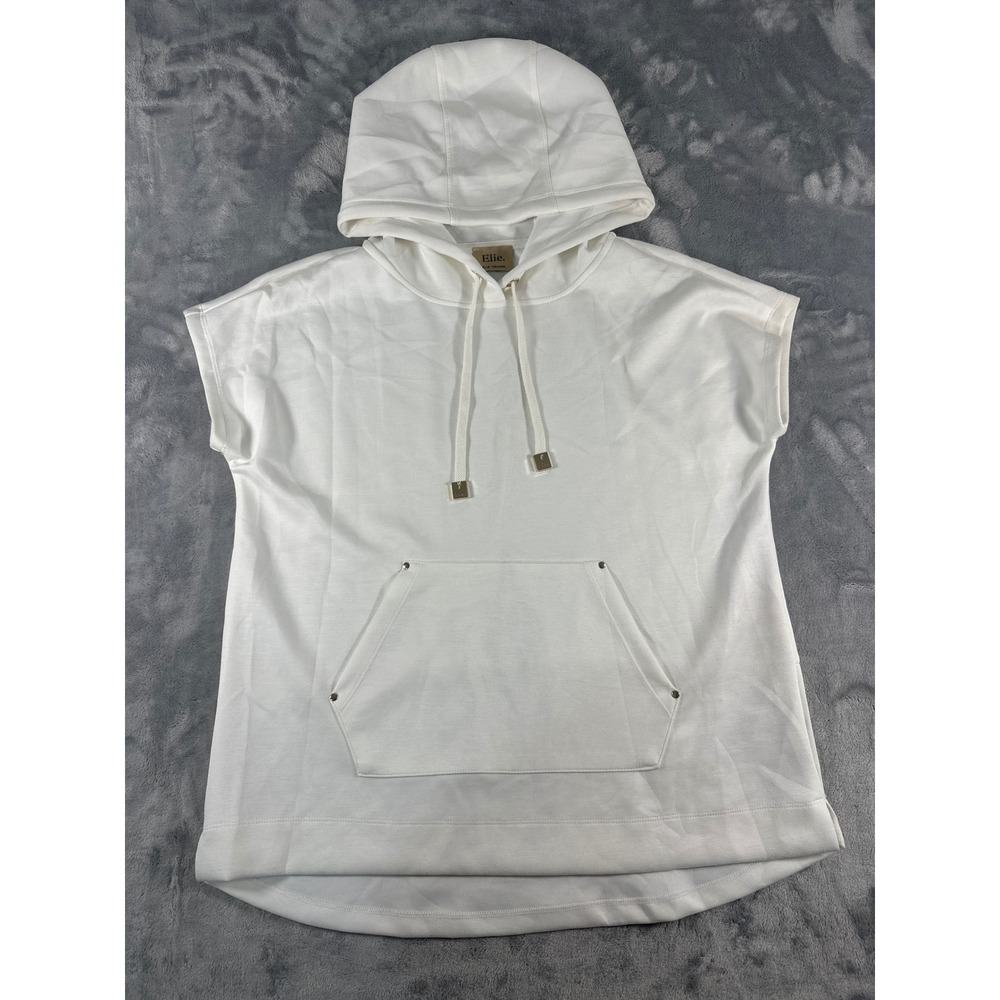 Elie Tahari Womens White Short Sleeve Hoodie Sweatshirt Size Small StuddedPocket